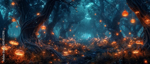 Enchanted forest with glowing lights and thick trees.