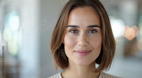 young woman with brown hair and green eyes smiling