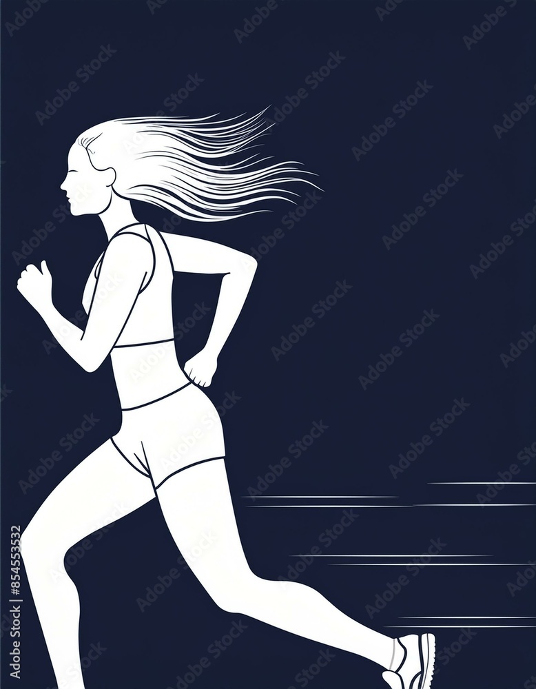 silhouette of a white minimal drawing girl running isolated on a black background with copy space