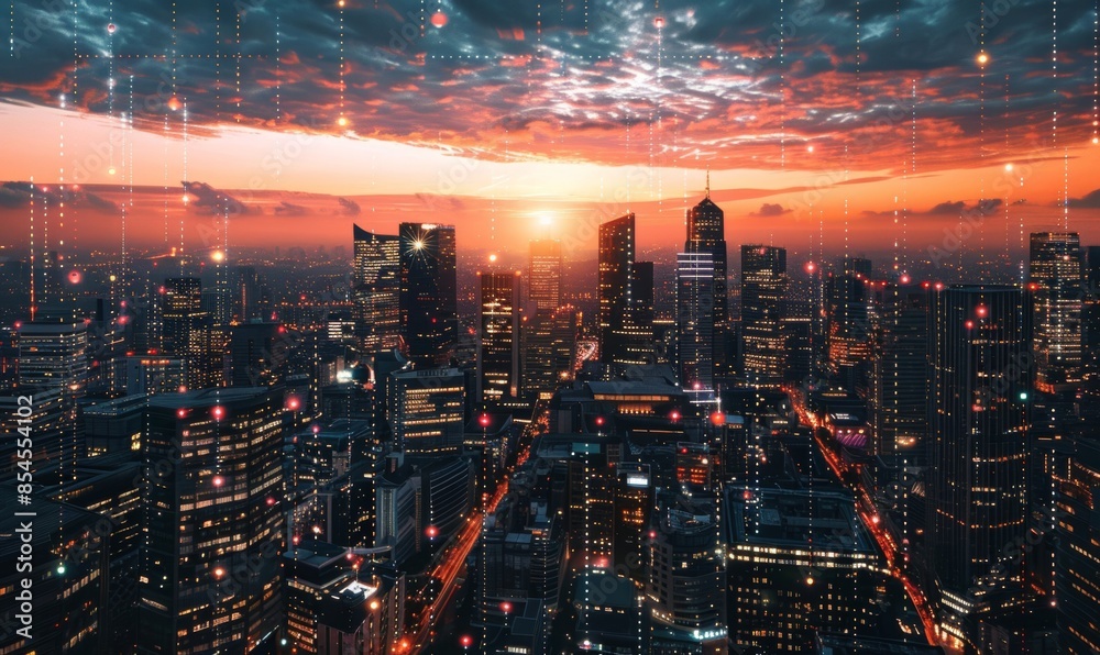 Fototapeta premium A dynamic business team collaborates on developing a futuristic digital city, using advanced technology and innovative ideas to create smart urban solutions The team is engaged in brainstorming