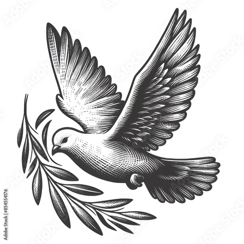 Dove in flight, carrying an olive branch, symbolizing peace and harmony sketch engraving generative ai fictional character vector illustration. Scratch board imitation. Black and white image