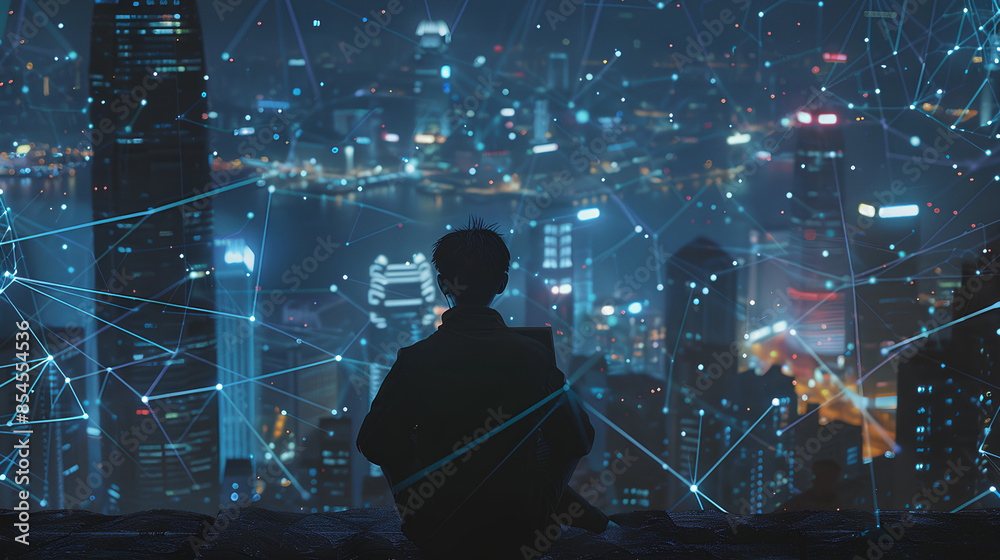 Big data, digital technology, internet network connection, futristic technology background. Man using mibile phobe and laptop and smart city Big data, digital technology, internet network connection, futristic technology background. Man using mibile phobe and laptop and smart city