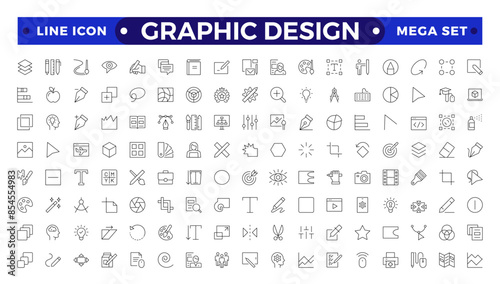 Set of outline icons of graphic design. Simple linear icons in a modern style flat, Creative Process. Graphic design, creative package, stationary, software.Minimal Graphic Design related icon set.