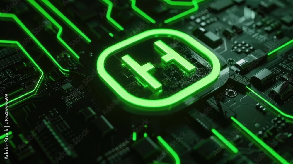 Fototapeta premium Technology Symbol. Green Neon Light Power Icon on High Tech Floor with Cyber Vibe