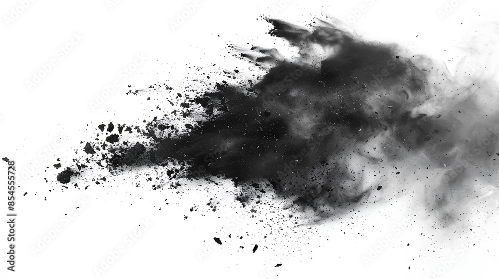 Black chalk pieces and powder flying, explosion effect isolated on white Black chalk pieces and powder flying, explosion effect isolated on white