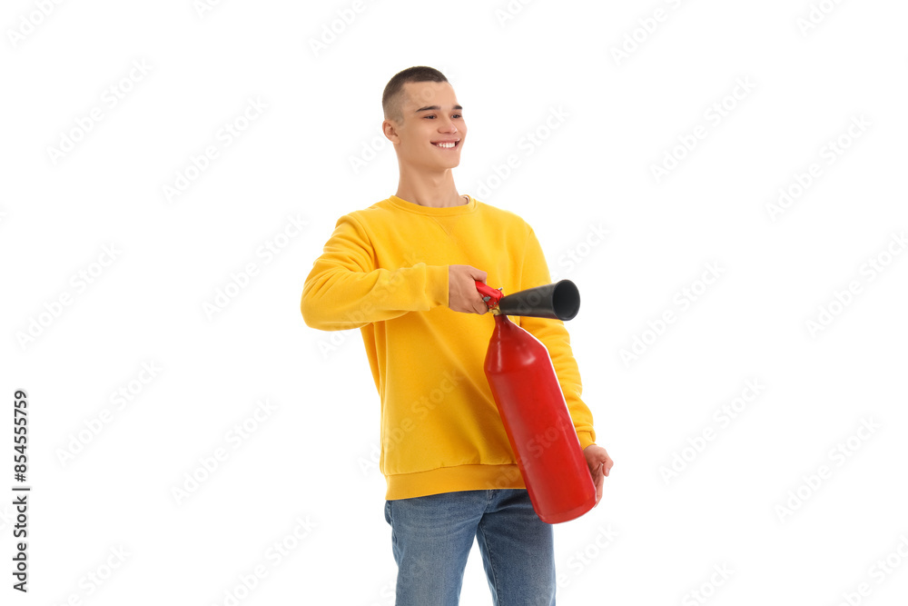 Teenage boy with fire extinguisher on white background Teenage boy with fire extinguisher on white background