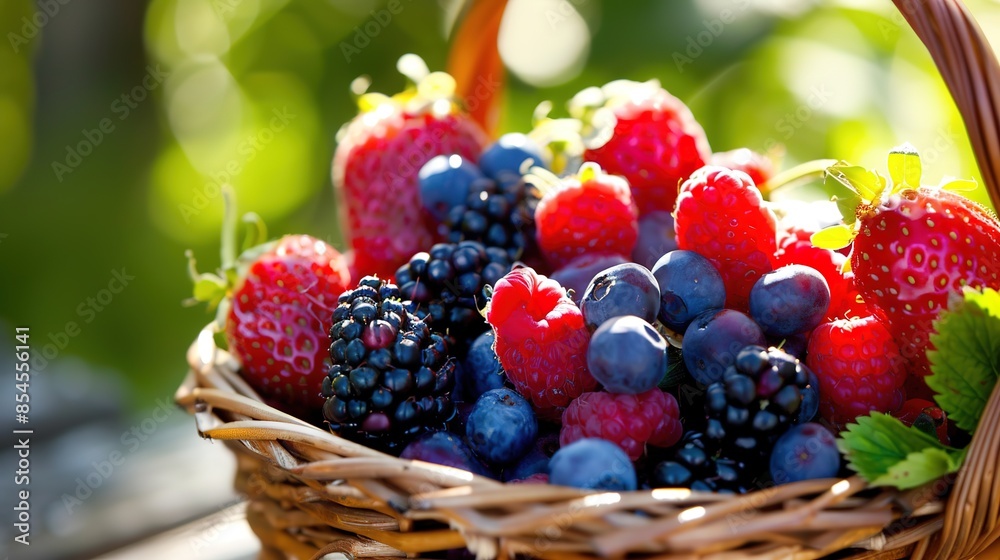 Berry basket, ripe mixed berries in sharp focus, morning sunlight, vibrant colors Berry basket, ripe mixed berries in sharp focus, morning sunlight, vibrant colors