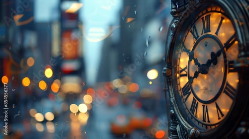 A close-up photograph of a clock face, with the hands frozen in a static position, juxtaposed with a blurred background of a bustling city street, symbolizing the contrast between