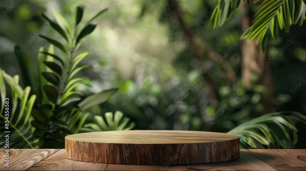 Wooden product display podium with blurred nature leaves background