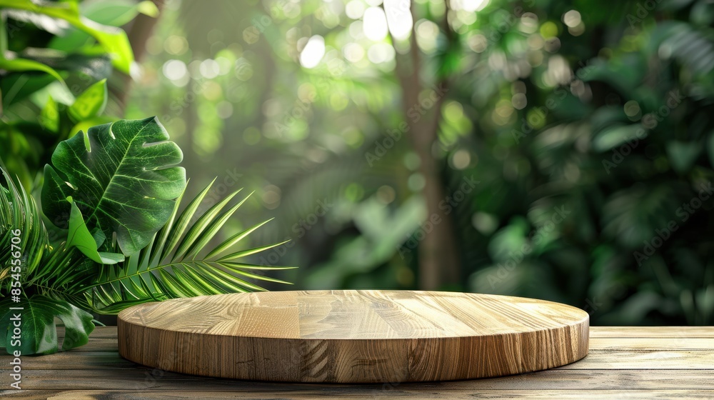 Wooden product display podium with blurred nature leaves background