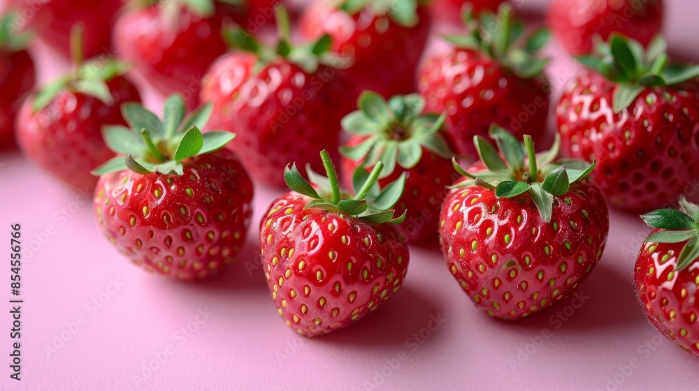 Composition with ripe red strawberries on light pink background Composition with ripe red strawberries on light pink background