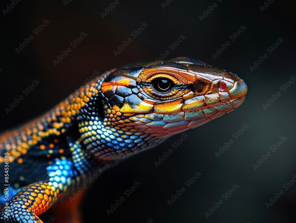 Close-up of a colorful lizard with intricate scales, looking intently at the viewer.  Its vibrant colors and sharp gaze make for a captivating image.