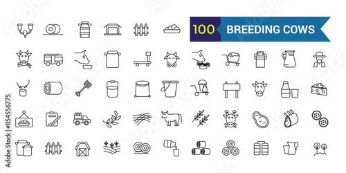 Breeding cows icons set outline vector. Dairy milk. Eat farm. Outline icon collection. Editable stroke.