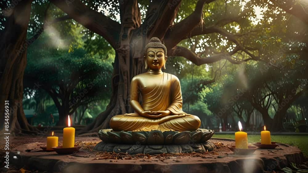 Buddha statue under a tree illuminated by morning sunlight, smooth 4K looping virtual video animation Buddha statue under a tree illuminated by morning sunlight, smooth 4K looping virtual video animation