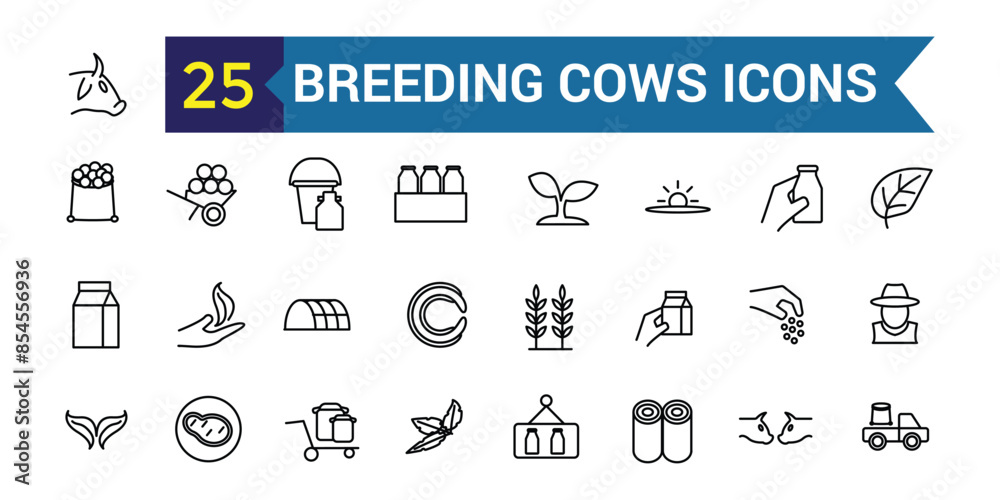 Breeding cows icons set outline vector. Dairy milk. Eat farm. Outline icon collection. Editable stroke. Breeding cows icons set outline vector. Dairy milk. Eat farm. Outline icon collection. Editable stroke.