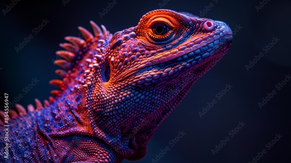 Fototapeta premium A close-up portrait of a colorful lizard with vibrant scales. The lizard's eye is focused and alert, with a dark background.