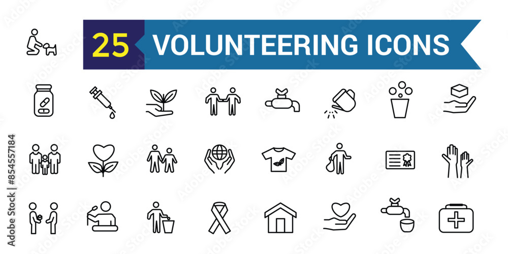 Volunteering icons set. Outline set of volunteering icons for ui design. Outline icon collection. Editable stroke.