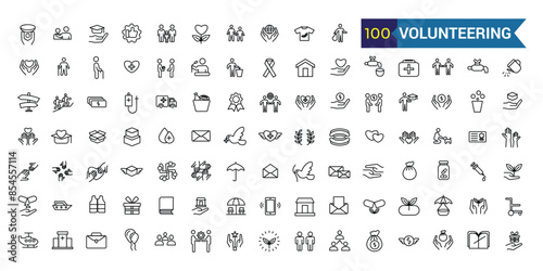 Volunteering icons set. Outline set of volunteering icons for ui design. Outline icon collection. Editable stroke.