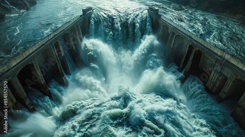 A dynamic shot of a hydroelectric dam with powerful water currents rushing through turbines, generating clean energy, and symbolizing the immense power harnessed from natural water photo