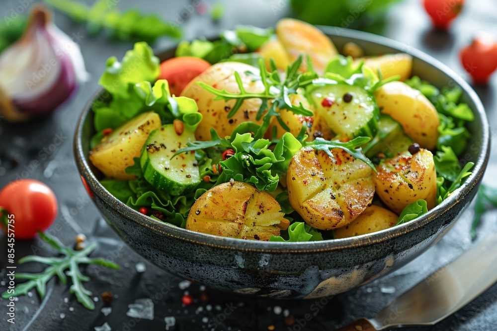 Savor a healthy dish of spuds and garden greens, great for a well-rounded eating plan. Perfect for health-conscious designs, cooking cards, and food websites. Savor a healthy dish of spuds and garden greens, great for a well-rounded eating plan. Perfect for health-conscious designs, cooking cards, and food websites.