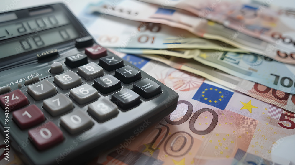 calculator and Euro banknotes on white background calculator and Euro banknotes on white background