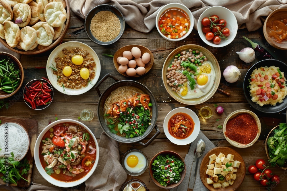 Diverse food dishes arranged on a rustic wooden tabletop Diverse food dishes arranged on a rustic wooden tabletop