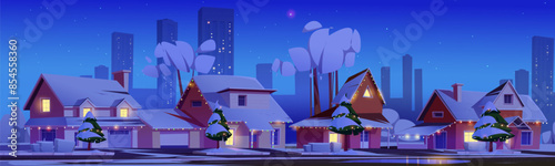 Winter snow village with suburb house landscape background. Night holiday scenery design with city skyscraper silhouette and neighborhood view. Christmas eve with cottage and garland on street cartoon
