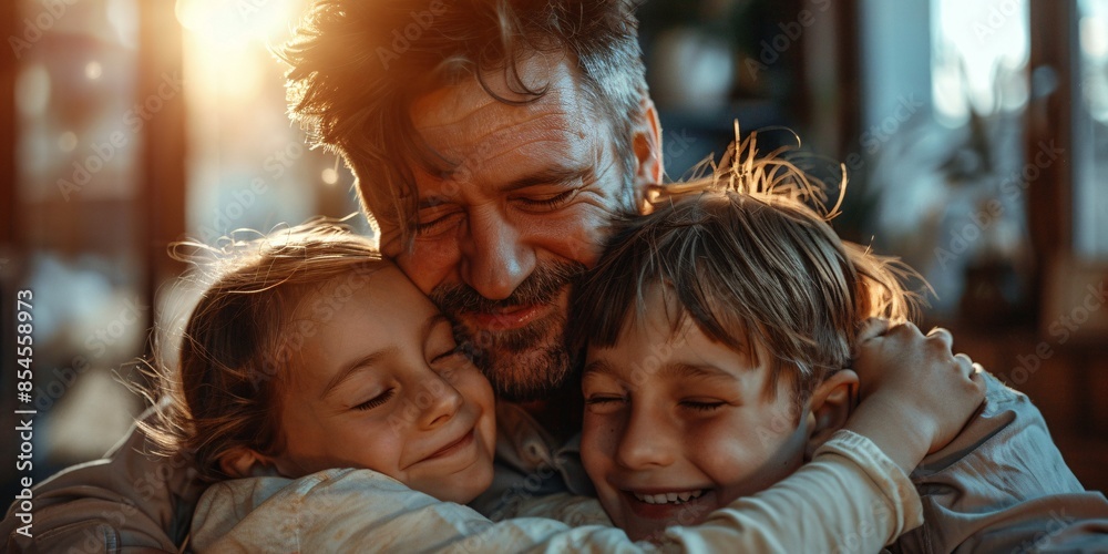 Obraz premium Delighted dad embracing his two children in their residence.