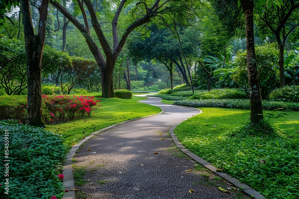 A bicycle path through lush greenery, park scenery, a sense of peace and nature A bicycle path through lush greenery, park scenery, a sense of peace and nature
