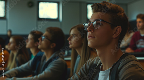 Satisfied young man looking at camera while sitting at desk in classroom. Portrait of college guy writing while completing assignment.