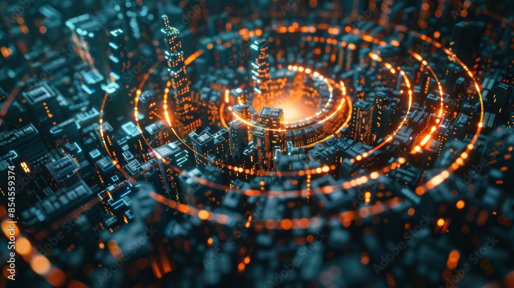 Circle of digital city icons symbolizing connectivity and modern urban life Circle of digital city icons symbolizing connectivity and modern urban life