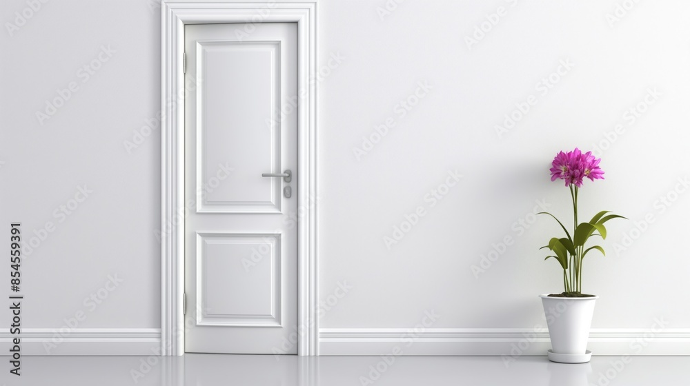 White door on the exterior wall of minimalistically decorated front porch with some flowers White door on the exterior wall of minimalistically decorated front porch with some flowers
