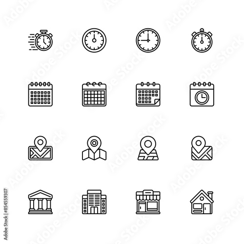 Time, Calendar, Location Building Icons Line Style Vector Illustration Design Element