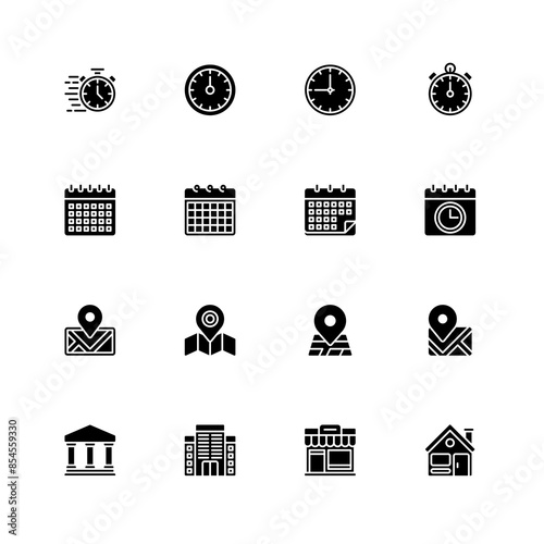 Time, Calendar, Location Building Icons Solid Style Vector Illustration Design Element