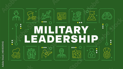 Military leadership green word concept. Professional development, army job. Milestone achieving. Horizontal vector image. Headline text surrounded by editable outline icons. Hubot Sans font used