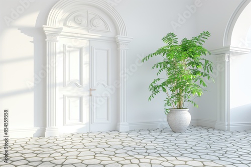 White door on the exterior wall of minimalistically decorated front porch with some flowers photo