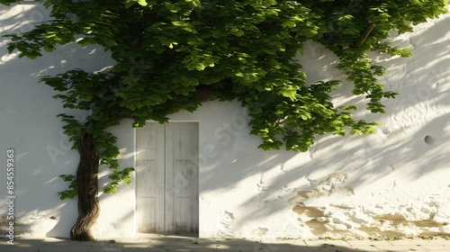 White door on the exterior wall of minimalistically decorated front porch with some flowers photo