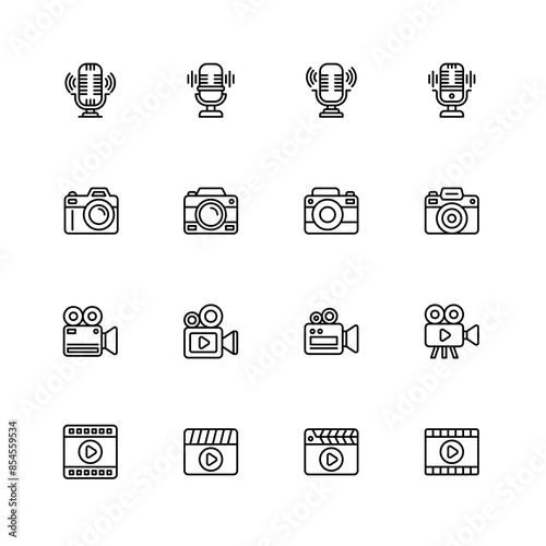 Multimedia Icons Set. Microphone, Camera, Video And Film Icon Line Style Vector Illustration Design Element