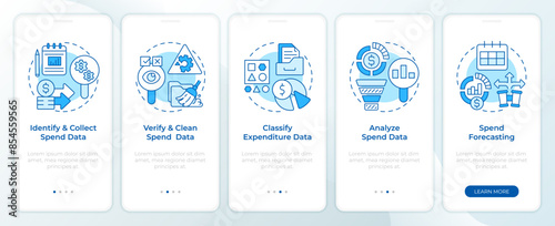 Spend management strategy blue onboarding mobile app screen. Walkthrough 5 steps editable graphic instructions with linear concepts. UI, UX, GUI template. Montserrat SemiBold, Regular fonts used