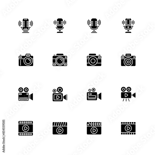 Multimedia Icons Set. Microphone, Camera, Video And Film Icon Solid Style Vector Illustration Design Element