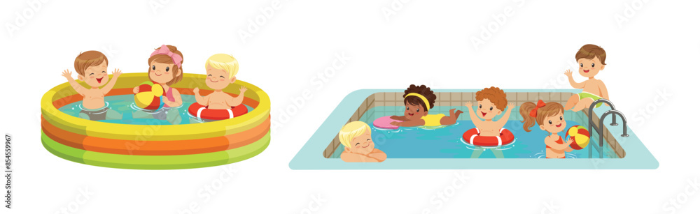 Small Children Having Fun In Water of the Pool Vector Set Small Children Having Fun In Water of the Pool Vector Set