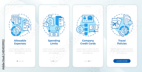Policy of management expenses blue onboarding mobile app screen. Walkthrough 4 steps editable graphic instructions with linear concepts. UI, UX, GUI template. Montserrat SemiBold, Regular fonts used