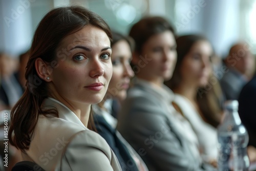 Young woman attending a conference in a modern office building