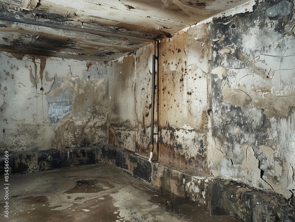mold flourishing in the damp corner of a room, the walls stained and peeling, illustrating the consequences of poor ventilation and moisture control in buildings mold flourishing in the damp corner of a room, the walls stained and peeling, illustrating the consequences of poor ventilation and moisture control in buildings