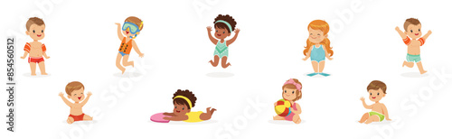 Small Children Having Fun In Water of the Pool Vector Set