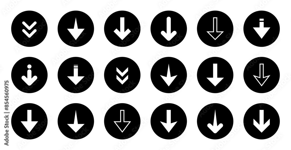 Down arrow icon set collection on black circle. Decrease concept Down arrow icon set collection on black circle. Decrease concept