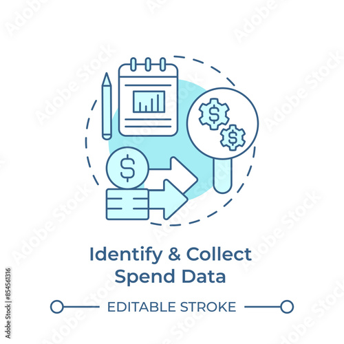 Identify and collect spend data soft blue concept icon. Collecting statistics, financial needs. Round shape line illustration. Abstract idea. Graphic design. Easy to use in infographic, presentation