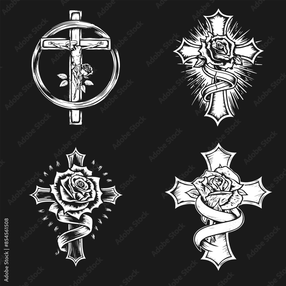 Fototapeta premium Biker style tattoo Christian crosses with crucifix and rose. Vector set of EPS 10 sketches