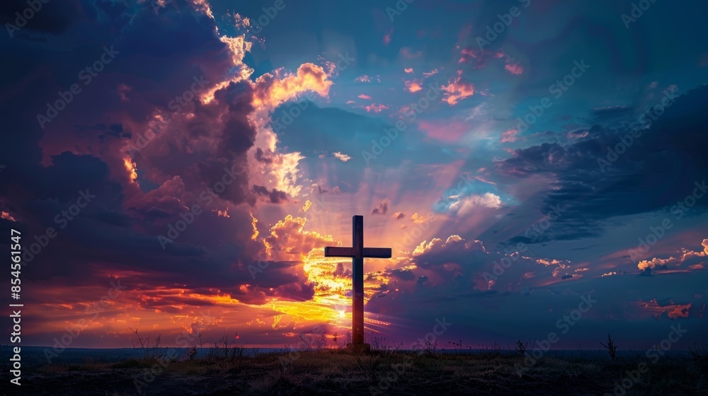 Fototapeta premium Aluminum cross shining with divine light, fiery sky, enshrouding clouds, creating a mystical and sacred atmosphere