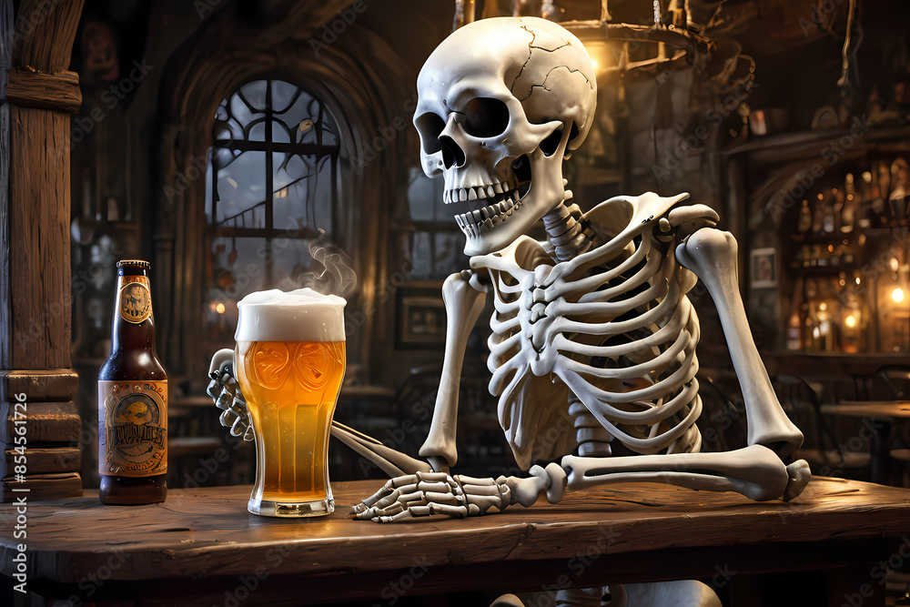 A Skeleton Enjoying a Brew: A Whimsical Halloween Scene of a Seated Skeleton with a Beer in Hand, Perfect for Spooky Season Celebrations A Skeleton Enjoying a Brew: A Whimsical Halloween Scene of a Seated Skeleton with a Beer in Hand, Perfect for Spooky Season Celebrations